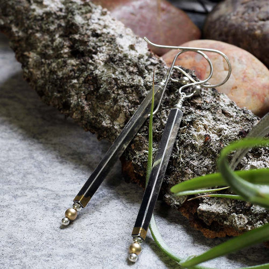 Long sterling silver and 24k gold Keum Boo earrings with column shape and sterling silver ear wires, handmade by Divella Designs in Vermont.