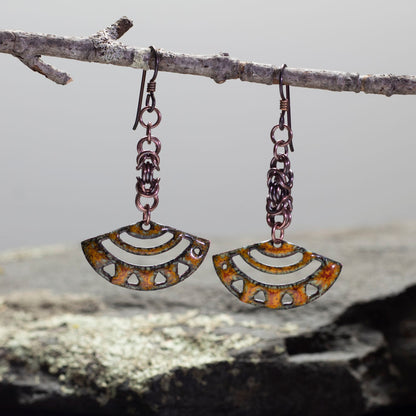 Enameled copper earrings with cutout fan design, chain links, and niobium ear wires