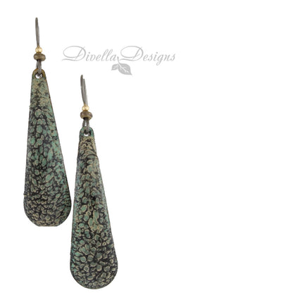 Long enamel earrings in green and black with lichen-like texture and niobium ear wires