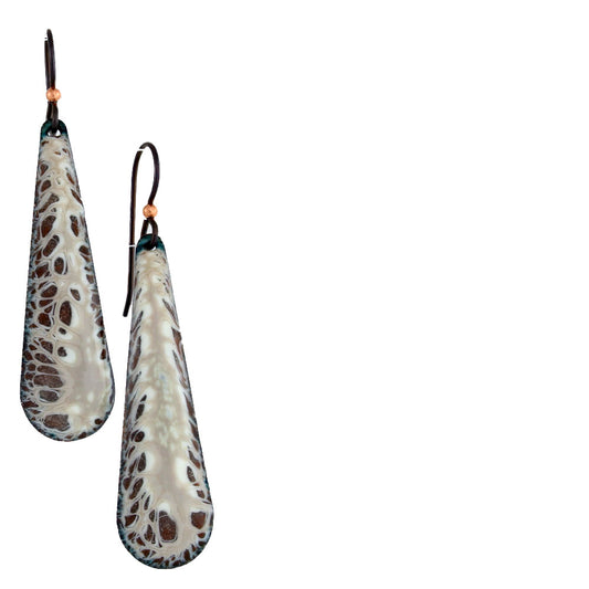 Long ivory and brown enamel earrings with organic texture and niobium ear wires