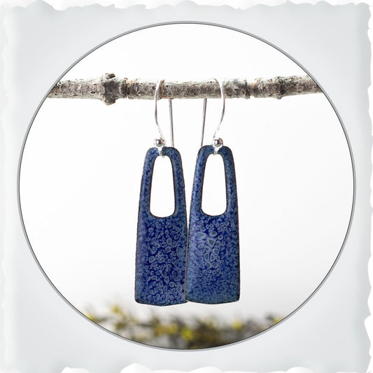 Blue enameled copper rectangle earrings with cutout detail and sterling silver ear wires
