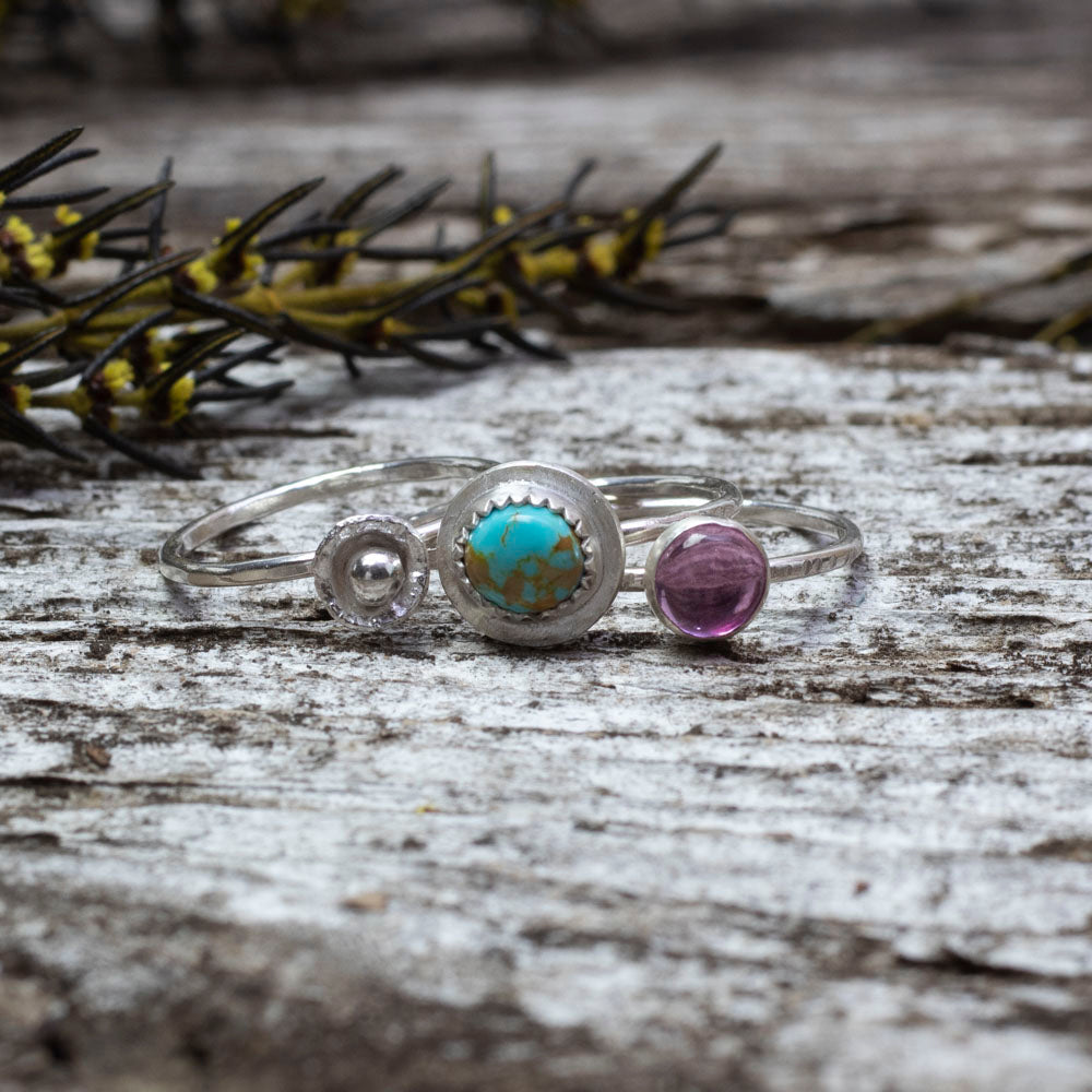 Sterling silver stacker rings with turquoise, pink sapphire, and silver accents, handmade size 7 ring set