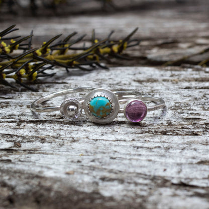 Sterling silver stacker rings with turquoise, pink sapphire, and silver accents, handmade size 7 ring set