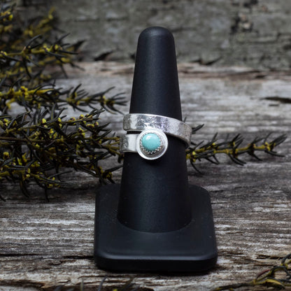 Adjustable sterling silver wrap ring with 15mm Manassa turquoise stone, handmade textured band