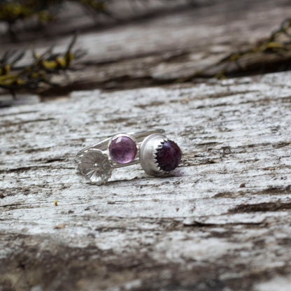 Sterling silver stacker rings with star ruby, pink sapphire, and floral accent, handmade size 8 ring set