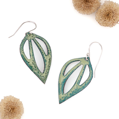 Green enamel leaf-shaped earrings with openwork design and sterling silver ear wires