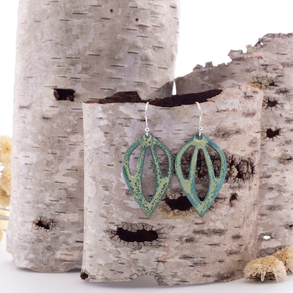 Green enamel leaf-shaped earrings with openwork design and sterling silver ear wires