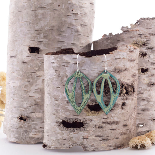 Green enamel leaf-shaped earrings with openwork design and sterling silver ear wires