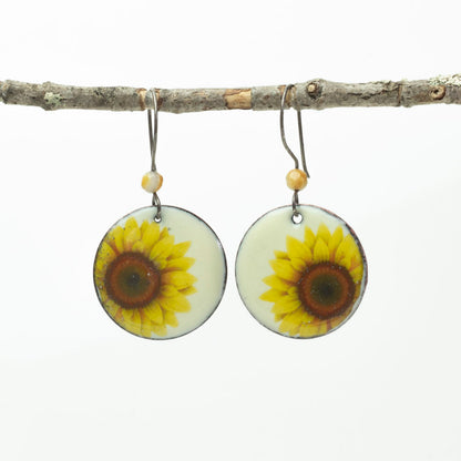 White enamel Earrings with Sunflowers and crazy lace agate and sterling ear wires