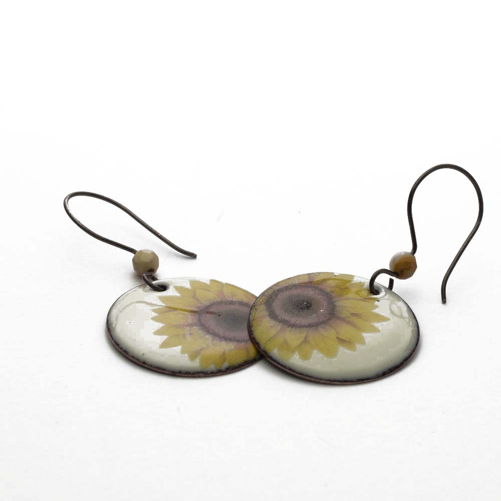 White enamel Earrings with Sunflowers and crazy lace agate and sterling ear wires