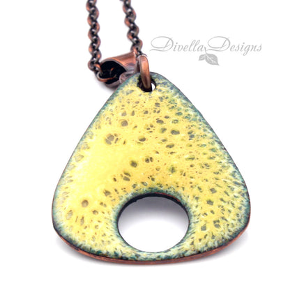 Triangular enamel pendant with yellow-green texture on oxidized copper chain