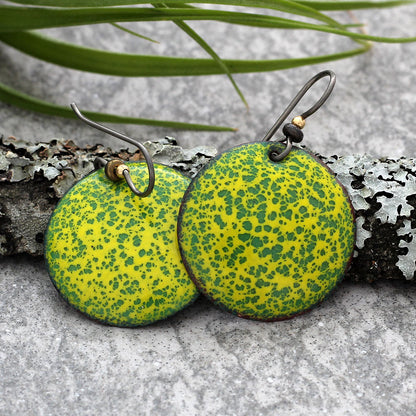 Round yellow and green enamel earrings with niobium ear wire