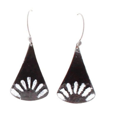 Black and white boho enamel fan earrings with oxidized sterling ear wires