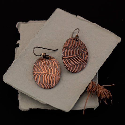 Palm Frond Textured Copper Earrings