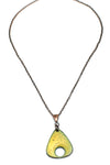 Yellow and green rounded triangle necklace on a copper chain and bail.