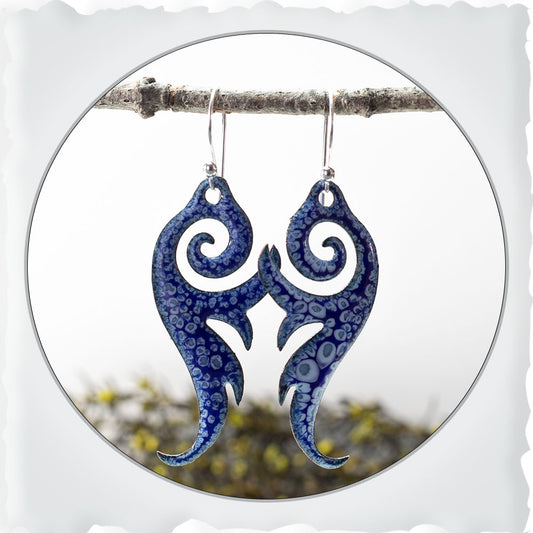 Blue enameled copper swirl earrings with niobium ear wires and ocean-inspired design.
