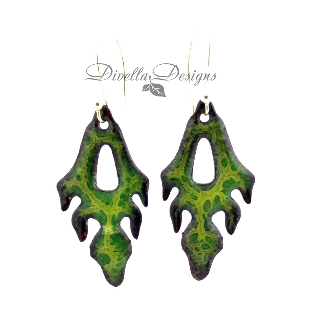 Frond shaped boho earrings in light and dark greens. The ear wires are sterling silver.