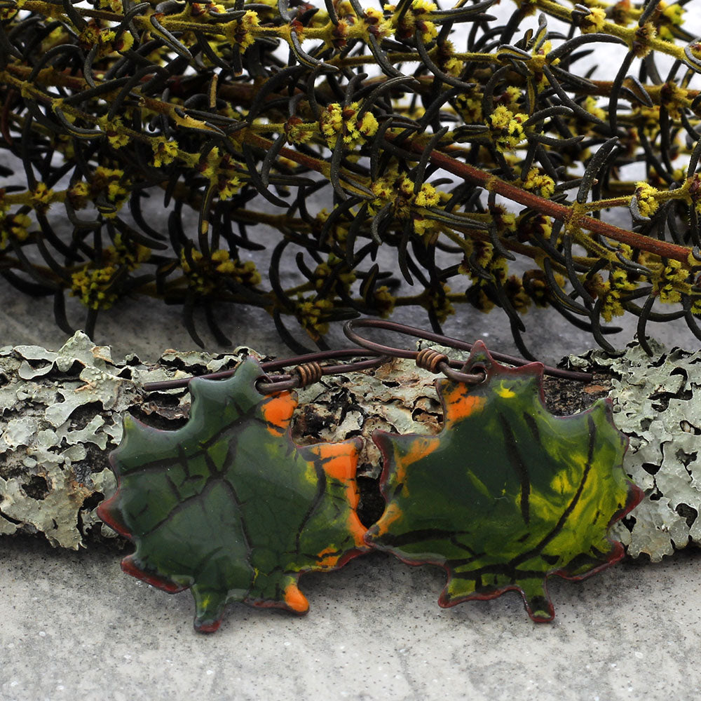 green and orange maple leaf earrings