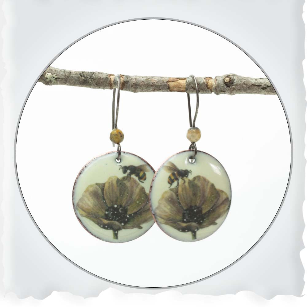 White Poppy Earrings With Bees