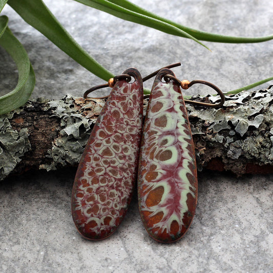 Long oval enamel earrings with green and yellow organic pattern and niobium ear wires