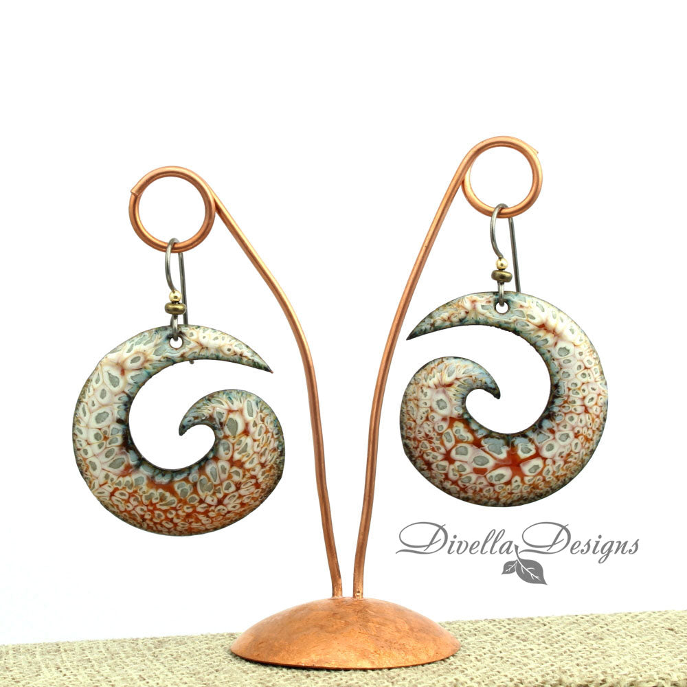 Mikado orange, cream and gray spiral earrings