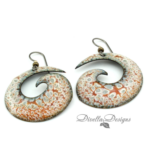 Mikado orange, cream and gray spiral earrings